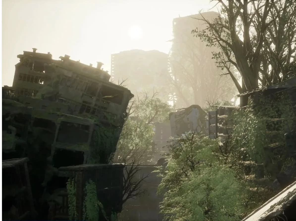 Overgrown ruined buildings marking the Ogouchi surface sweep