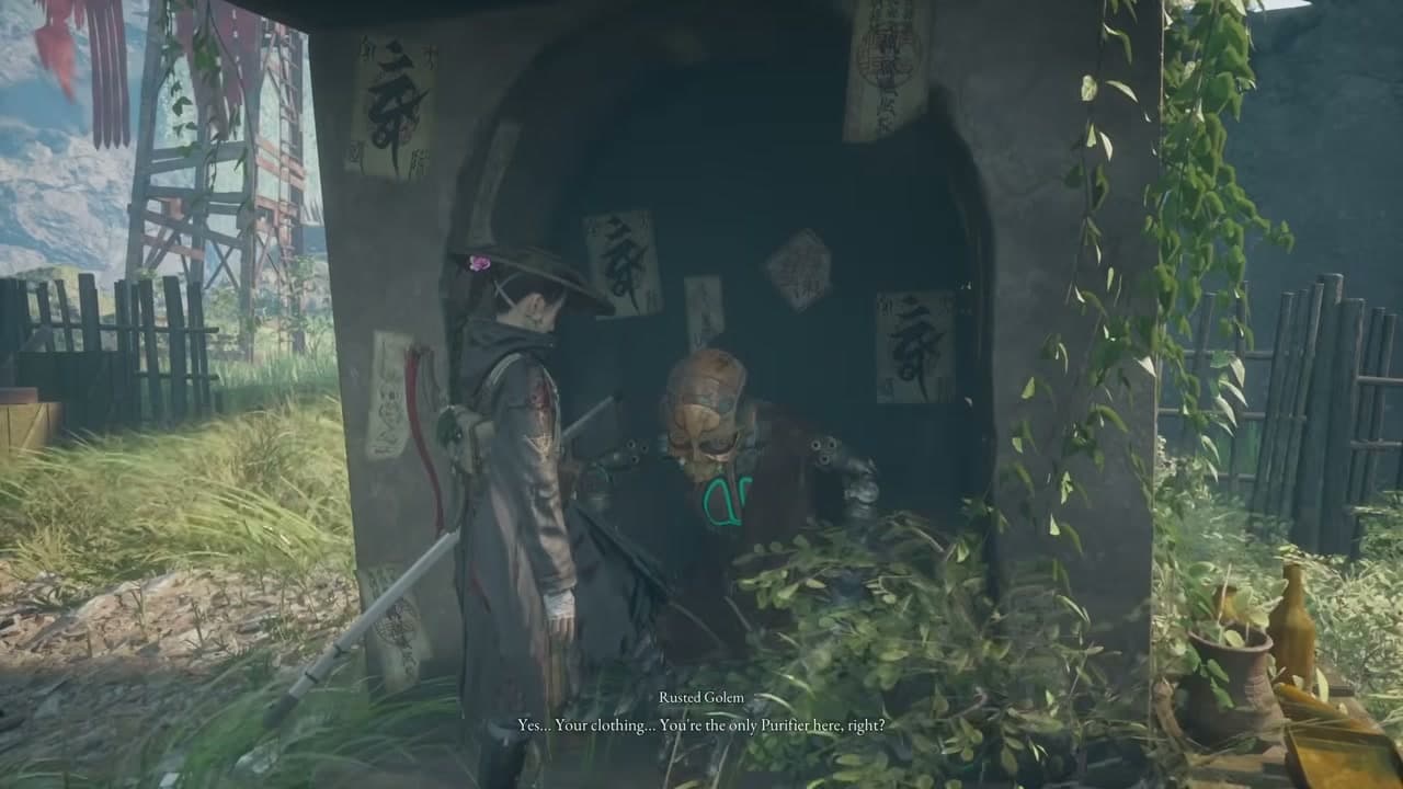 The seated Rusted Golem outside the Lookout Hut